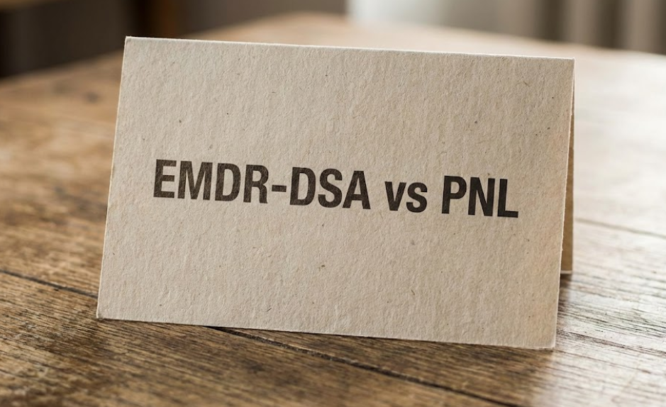 Carte posée sur une table en bois avec l’inscription : EMDR-DSA vs PNL