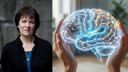 Portrait illustratif de Francine Shapiro associée à une représentation symbolique du cerveau et des réseaux neuronaux