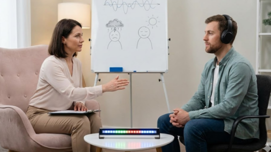 Illustration d’une séance d’EMDR avec stimulation bilatérale alternée, dans un cadre d’accompagnement thérapeutique