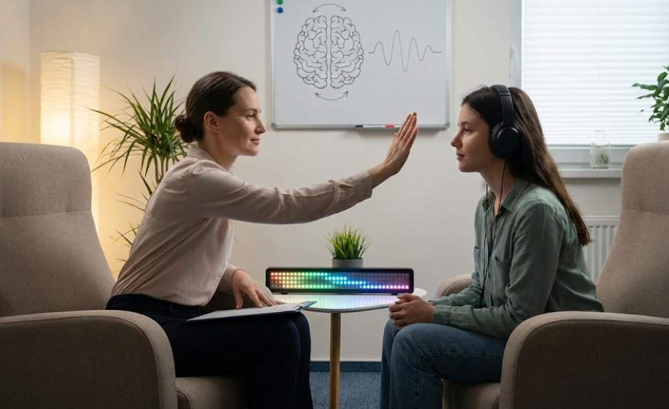 Séance d’EMDR-DSA illustrée par une praticienne utilisant une stimulation bilatérale avec une personne assise en face d’elle