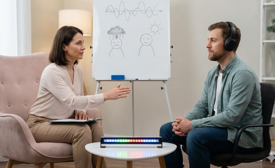 Illustration d’une séance d’EMDR avec stimulation bilatérale alternée, dans un cadre d’accompagnement thérapeutique