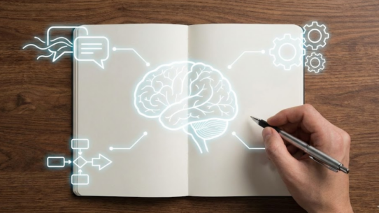 Cerveau stylisé dessiné dans un carnet ouvert, avec des icônes symbolisant les processus mentaux et la communication