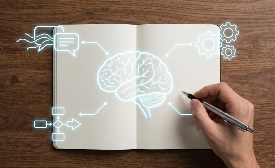 Cerveau stylisé dessiné dans un carnet ouvert, avec des icônes symbolisant les processus mentaux et la communication