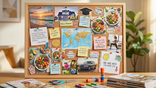 Tableau de vision board avec images et messages représentant des objectifs de vie, de santé, de maison et de développement personnel