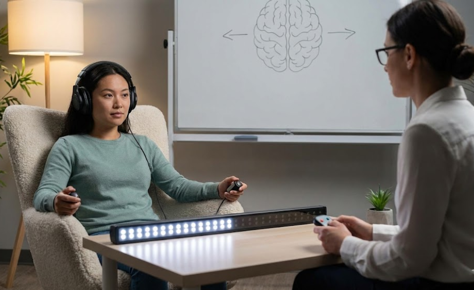 Illustration d’une séance avec stimulation bilatérale alternée (SBA), utilisant des stimuli visuels pour activer les deux hémisphères du cerveau