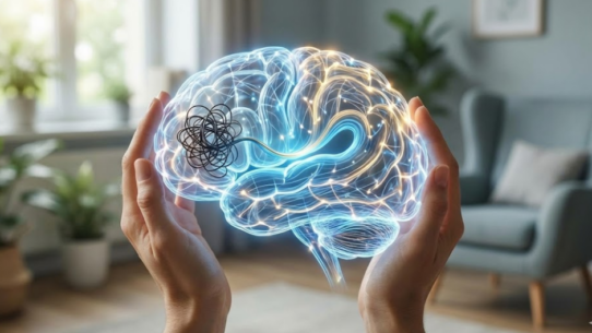 Cerveau lumineux tenu entre deux mains, illustrant le traitement adaptatif de l’information et la régulation des réseaux neuronaux