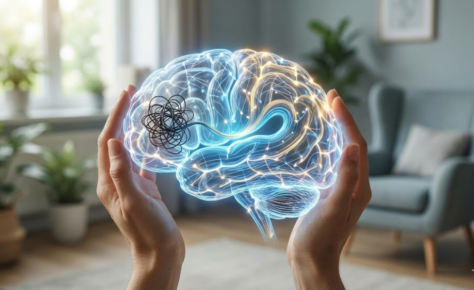 Cerveau lumineux tenu entre deux mains, illustrant le traitement adaptatif de l’information et la régulation des réseaux neuronaux