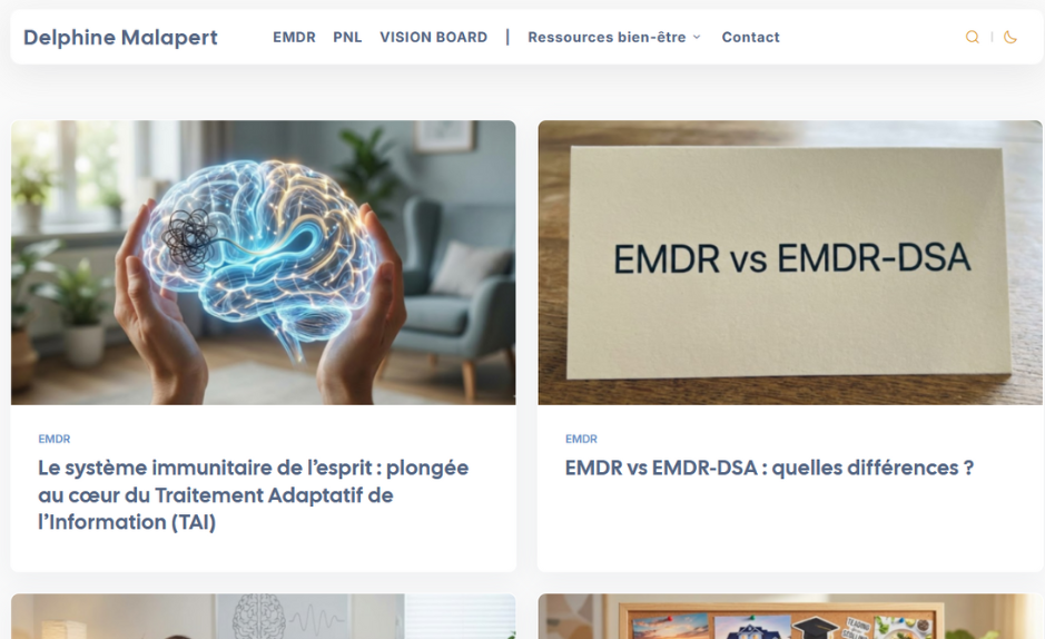 Aperçu des ressources EMDR et mieux-être sur le site de Delphine Malapert, avec des articles pédagogiques listés