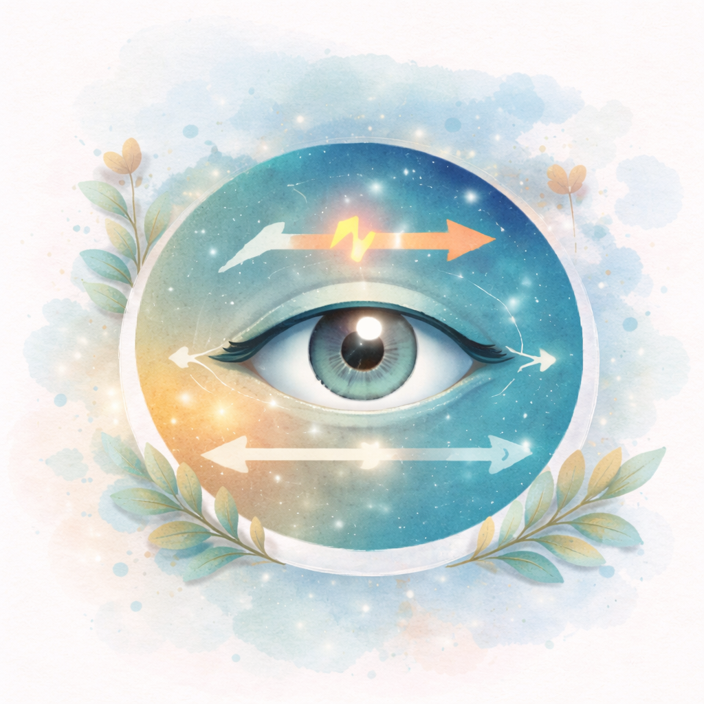 Illustration de la méthode EMDR-DSA avec un œil et des flèches de stimulation bilatérale alternée symbolisant le retraitement des souvenirs traumatiques