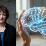 francine shapiro, à côté d’une illustration lumineuse d’un cerveau tenu entre deux mains, avec une zone sombre enchevêtrée visible à l’intérieur du cerveau.
