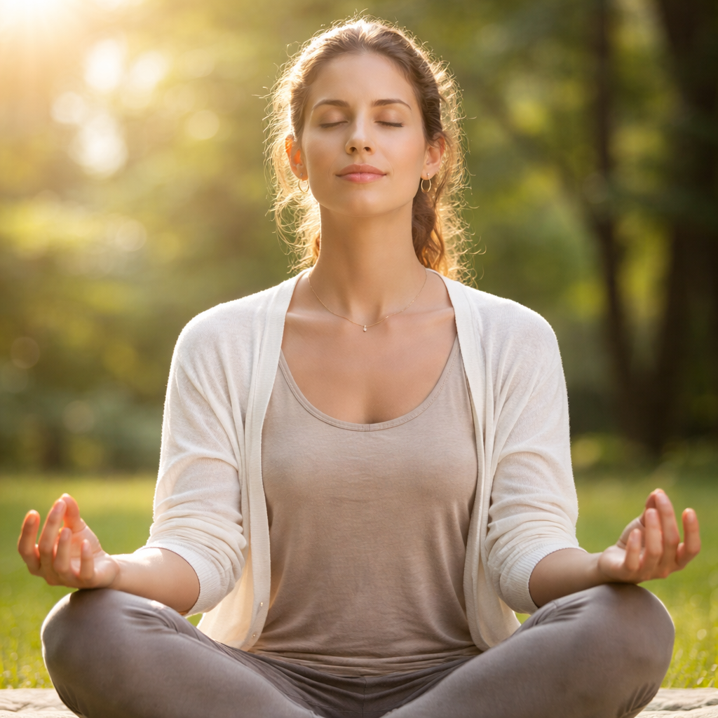 Femme en méditation dans un parc, assise en tailleur, illustrant la gestion du stress et l’apaisement intérieur