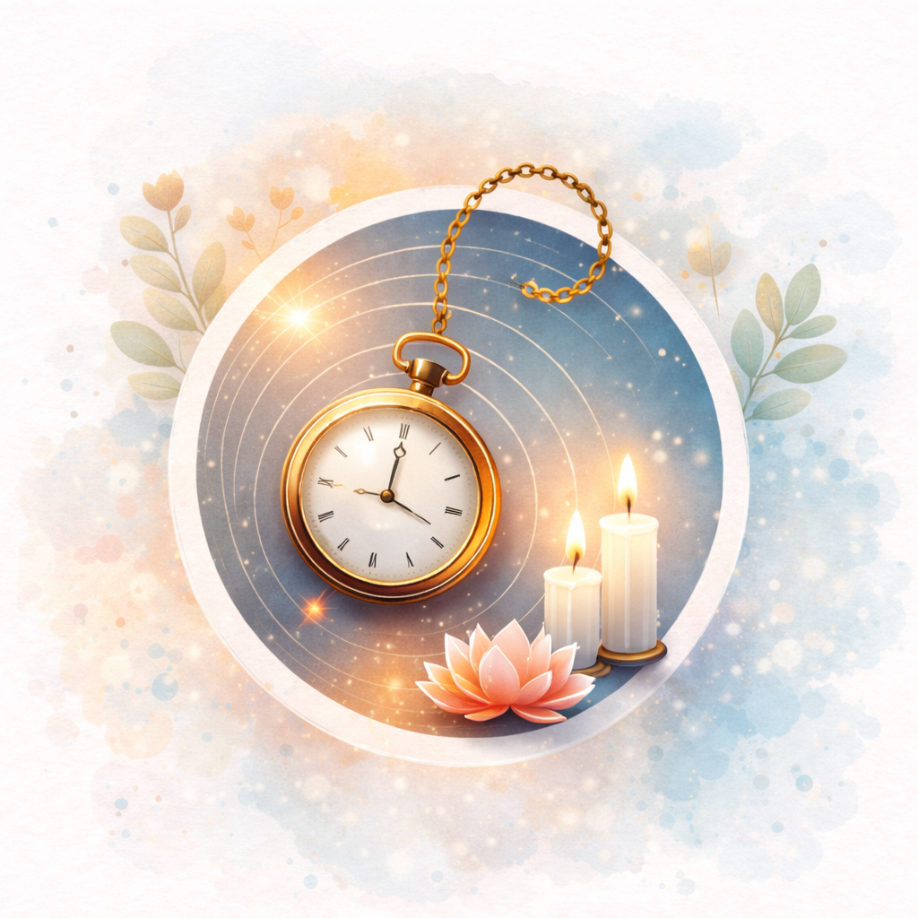 Illustration de l’hypnose thérapeutique avec une montre à gousset, des bougies et une fleur de lotus symbolisant la relaxation et l’état modifié de conscience