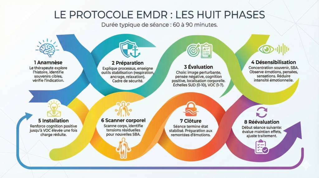 Infographie colorée présentant les huit phases du protocole EMDR, de l’anamnèse à la réévaluation, sous forme de rubans entrelacés avec icônes et brèves explications, ainsi que la durée typique d’une séance de 60 à 90 minutes.