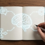 Main tenant un stylo au-dessus d’un carnet ouvert sur une table en bois, avec un schéma lumineux de cerveau au centre et des icônes évoquant la communication, le processus et les mécanismes autour.