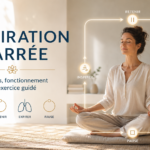 Illustration de la respiration carrée avec une femme méditant et un schéma des quatre étapes : inspirer, retenir, expirer et pause.
