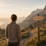 Une femme de dos, avec un chignon et un pull tricoté, se tient sur un sentier de montagne au coucher du soleil, contemplant un panorama spectaculaire de montagnes et d'un lac. À sa droite, un poteau indicateur en bois porte deux flèches : l'une pointant vers le haut du sentier avec le mot "ÉVOLUER" et l'autre pointant vers le bas/l'arrière avec le mot "RESTER".